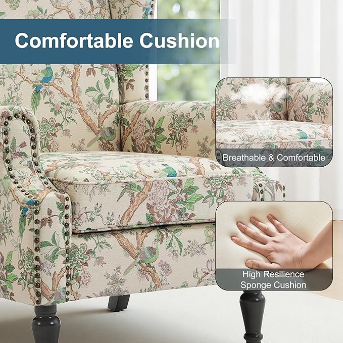Wingback Chairs Set of 2, High Back Floral Accent Chair in Fabric, Comfy Upholstered Armchair with Nailhead Trim for Living Room, Single Sofa Reading Chair for Small Spaces, Bedroom-Bird