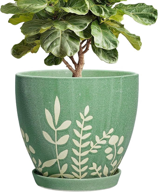 10 Inch Ceramic Plant Pot with Drainage and Saucer - Large Decorative Flower Pot for Indoor and Outdoor Plants, Round Indoor Planter, Gifts for Plant Lovers, Home Office Patio Decor, Green
