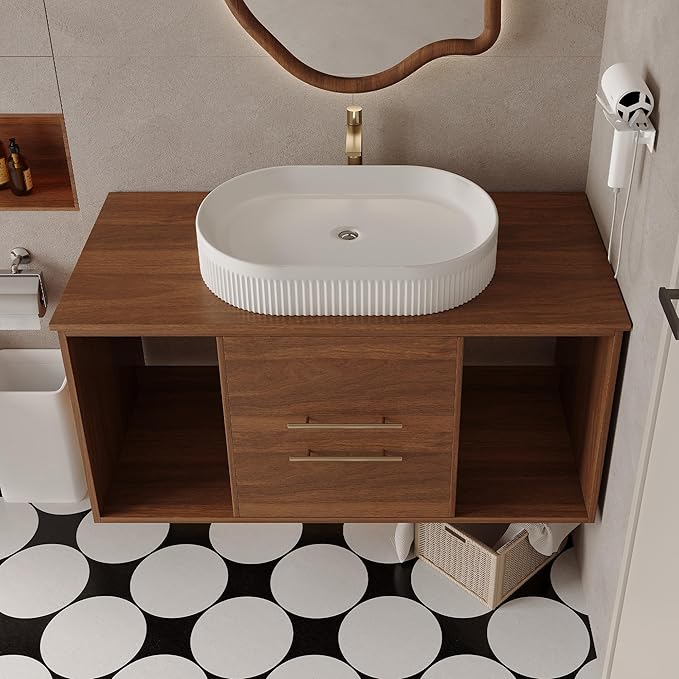 Glintee 40" Modern Floating Bathroom Vanity with Ceramic Basin– Wall-Mounted Solid Wood Cabinet with 2 Drawers & Dual Open Shelves, Easy Assembly (Walnut)
