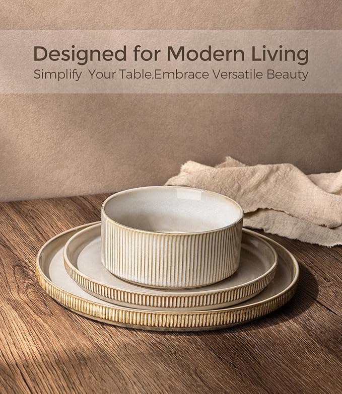 GBHOME 12-Piece Stoneware Dinnerware Set for 4 – Ribbed Ceramic Plates and Bowls, Scratch-Resistant, Microwave & Dishwasher Safe, Reactive Glaze, Cappuccino