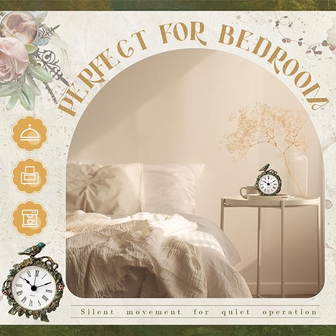 Kenning Vintage Mini Table Clock, 3.5 Inch Small Decorative Metal Non Ticking Analog Quartz Battery Operated Table Top Clock for Living Room Bedroom Bedside Desk Decor(Bird)