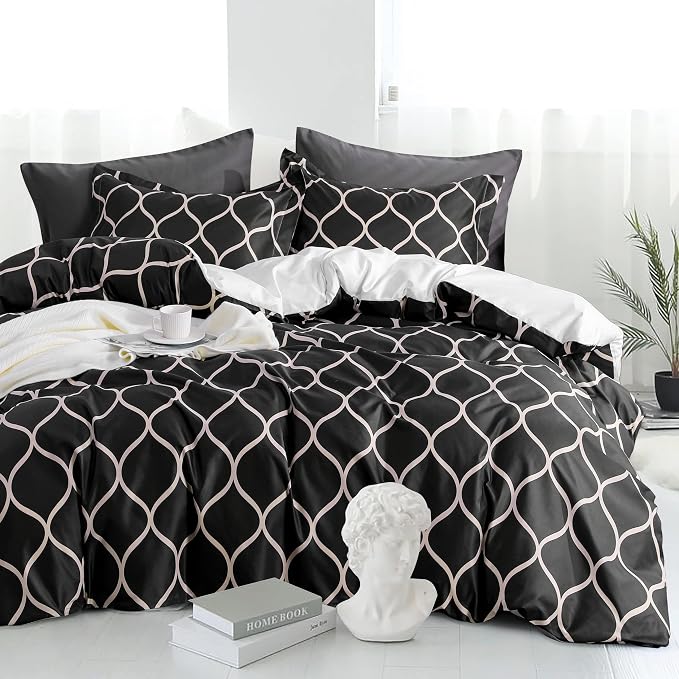 NTBAY 3 Pieces Duvet Cover Set Queen Size, Reversible Zipper Comforter Cover with 4 Corner Ties and 2 Pillow Shams, Soft Brushed Microfiber Comforter Cover Set with Black and Beige Curve Printed