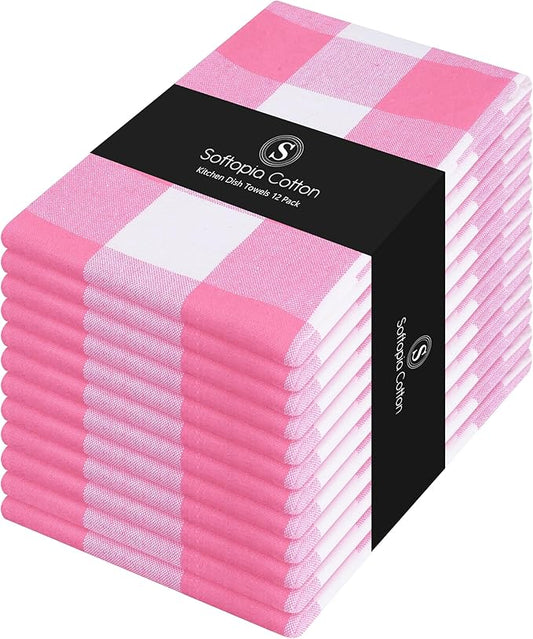 Buffalo Check 12 Pack Kitchen Towels, 16"x26", Plaid Dish Towels, 100% Cotton, Absorbent, Washable, Everyday Kitchen Essentials, Soft Cloths for Cleaning, Drying Hands, Pink White