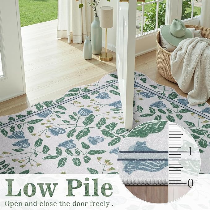 DCX Washable Botanical Floral Rug 5x7, Blue and Green Scalloped Rug, Non Slip Low Pile Carpet for Bedroom, Living Room, Kid & Pet Friendly