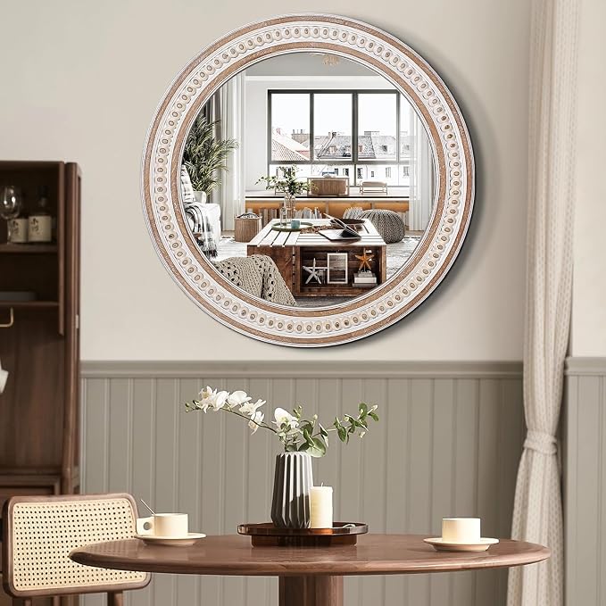 24 Inch Rustic Farmhouse Round Wall Mirror, Wooden Circle Bathroom Mirror for Over Sink, Decorative for Entryway, Bedroom, Living Room