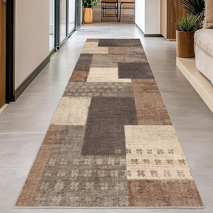 Modern Geometric Patchwork Indoor Runner Rug for Living Room, Beige 2'x 6' Large Rug Rockwood Collection Hardwood Floors Decor for Bedroom, Beige Throw Carpet for Office Entryway Dining Room