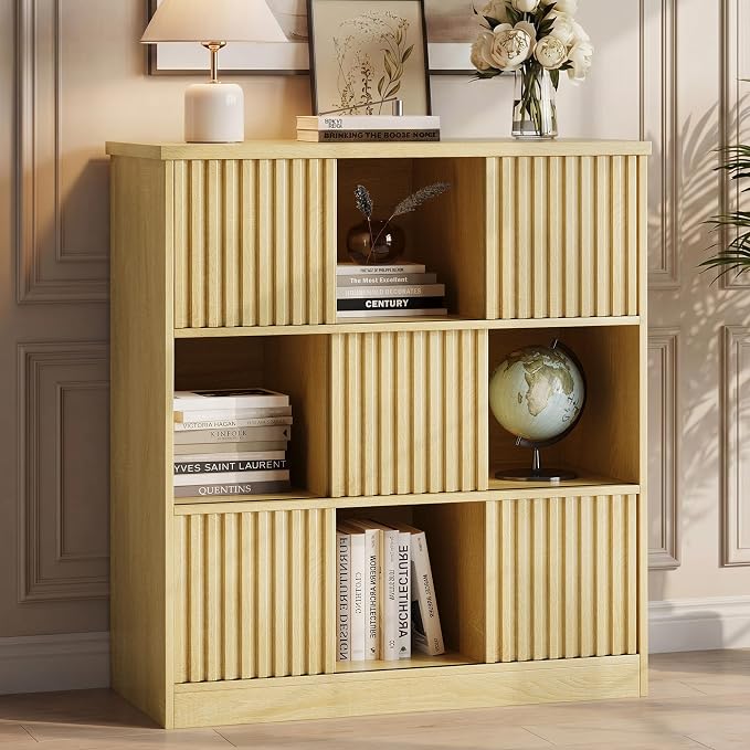 Einhomn Cube Storage Organizer with Sliding Doors, Wooden Bookshelf Storage Cabinet, 9 Cube Bookcase Organizer for Living Room Bedroom Office, Natural