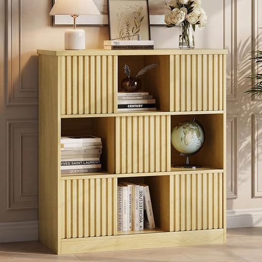Einhomn Cube Storage Organizer with Sliding Doors, Wooden Bookshelf Storage Cabinet, 9 Cube Bookcase Organizer for Living Room Bedroom Office, Natural
