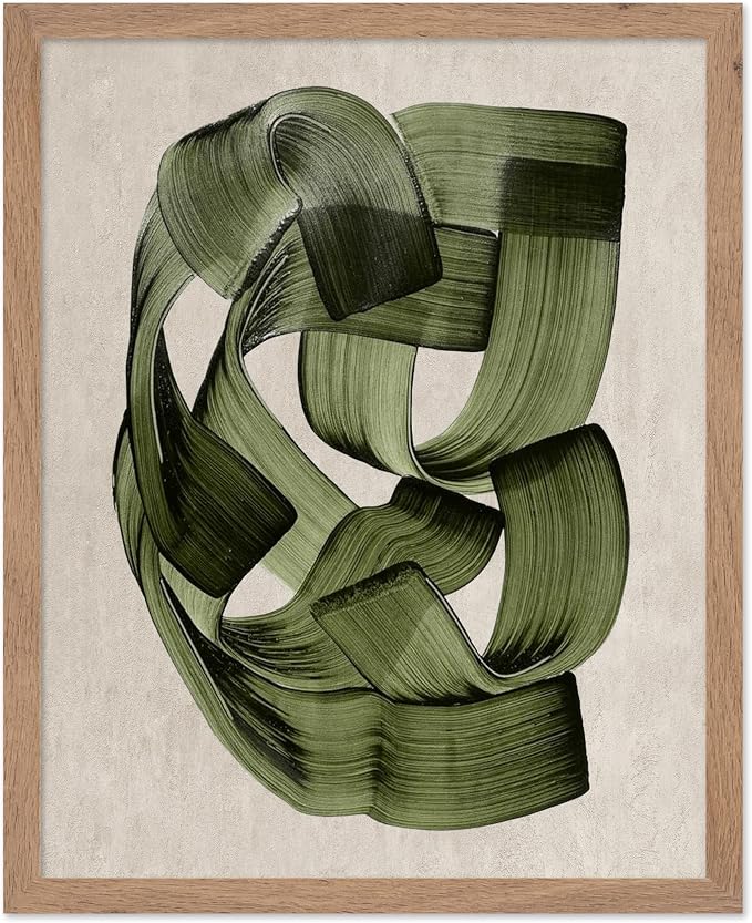 Poster Master Green Abstraction Poster - Brush Strokes Print - Painted Swirl Art - Chic Boho Design - Abstract Illustration - Great Office or Living Room Decor - 8x10 Beige Framed