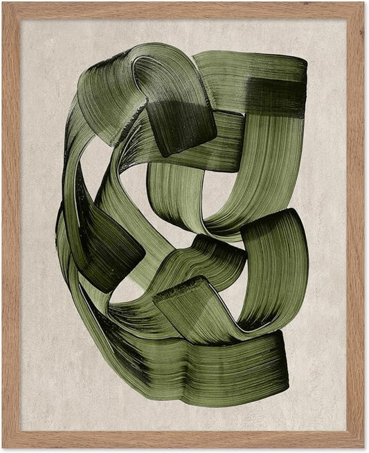 Poster Master Green Abstraction Poster - Brush Strokes Print - Painted Swirl Art - Chic Boho Design - Abstract Illustration - Great Office or Living Room Decor - 11x14 Beige Framed