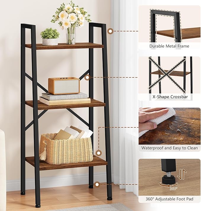 Hoctieon 3-Tier Industrial Ladder Bookshelf, Narrow Ladder Shelf, Tall Standing Bookshelf, Skinny Open Ladder Shelf, for Living Room, Home Office, Kitchen, Bedroom, Metal Frame, Rustic Brown