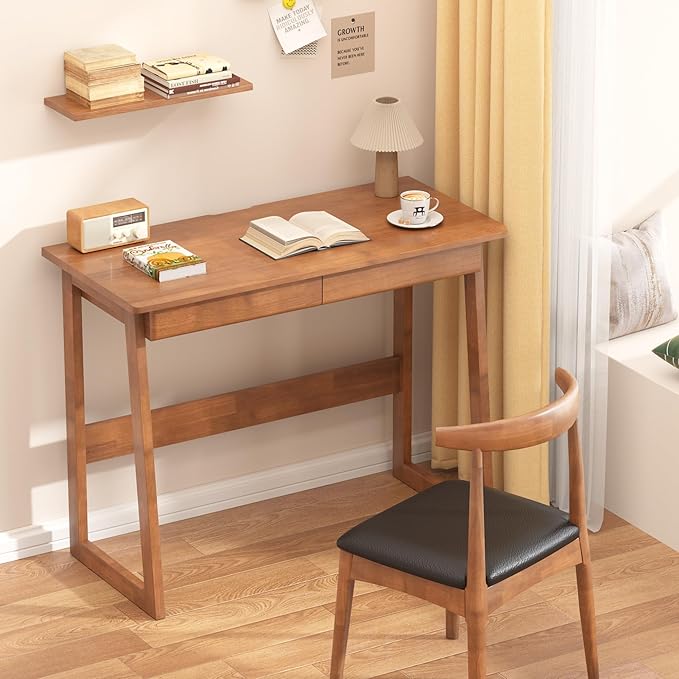 Solid Wood Desk with 2 Drawers, Mid Century Modern Home Office Desk, Vintage Writing Desks for Small Spaces, Walnut Color Computer Desk with Drawers for Study Bedroom Living Room 39.4" W