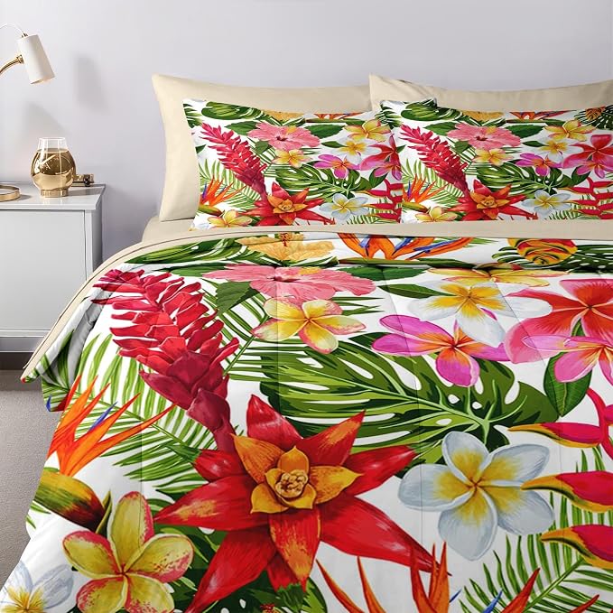 Nesker 7 Pcs Comforter Set King Size, Tropical Flower Palm Leaf Bedding Set for Kids and Adults, Leaves Floral Hibiscus Bed Sheet Sets with Fitted Sheet 2 Pillowcases & 2 Shams