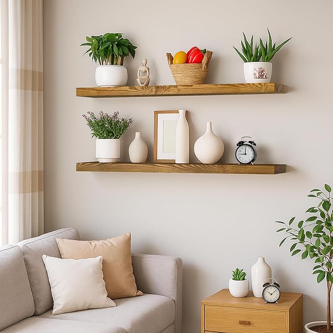 BGMG Wood Floating Shelves 48 inch Set of 2, Rustic Wooden Wall Mount Shelves for Living Room Bedroom Kitchen Farmhouse-48x6.7x1.25 inch- Gold Oak