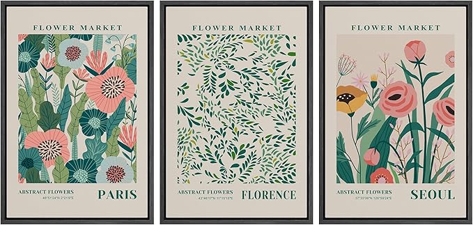 wall26 Framed Canvas Print Wall Art Set Watercolor Pastel Vibrant Flower Market Prints Nature Wilderness Illustrations Modern Art Decorative Floral Botanical Minimal for Bedroom - 16"x24"x3 Black