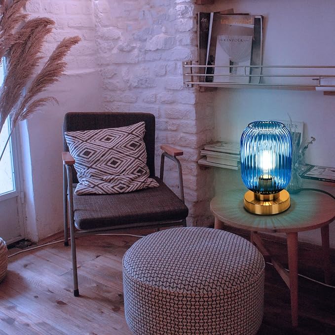 Mid Century Modern Table Lamp with Blue Ribbed Glass Shade, Touch Control & 3 Way Dimmable, Small Gold, Vintage Bedside Lamp for Bedroom, Living Room, Office (Bulb Included)