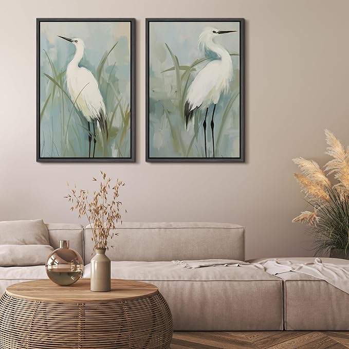 MUDECOR Framed Canvas Print Wall Art White Heron Pair in Marsh Coastal Illustrations Modern Art Decorative Bohemian Colorful for Living Room, Bedroom, Office - 16"x24"x2 Black