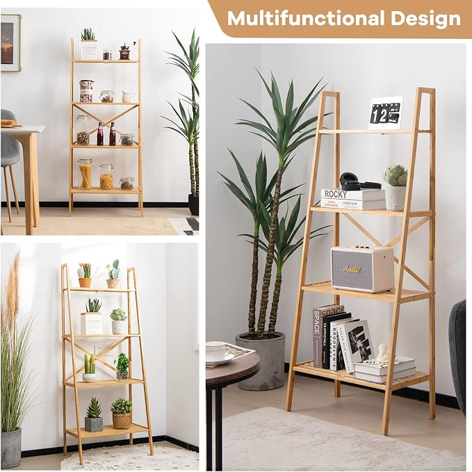 Giantex 4-Tier Bamboo Bookshelf, Multifunctional Storage Display Rack Shelves with Anti-Tipping Device, Natural Bamboo Ladder Shelf for Home Office Kitchen Bathroom