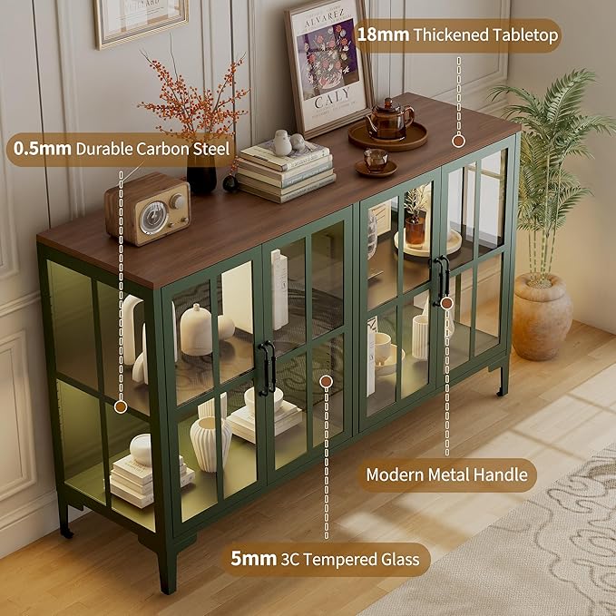 53" 3-Sided Glass Sideboard Buffet Cabinet with COB Lights, Adjustable Shelves, Modern Metal-Wood Buffet Table with Storage, Glass Display Cabinet for Coffee Bar Dining Room Kitchen, Green