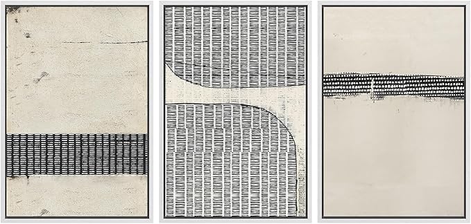 SIGNWIN Framed Canvas Print Wall Art Set Black Tan Grunge Grid Polygon Pattern Abstract Shapes Cozy Neutral Decorative Contemporary Minimal for Living Room, Bedroom, Office - 24"x36"x3 White