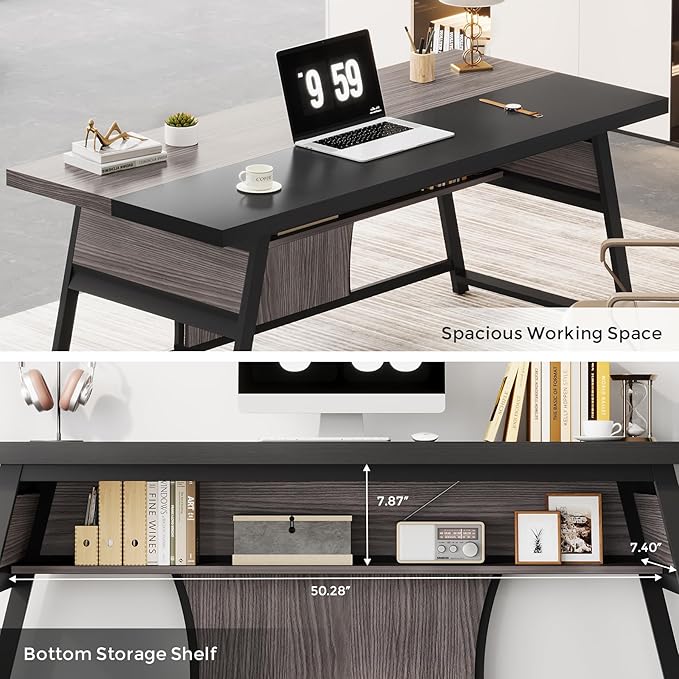 63-inch Executive Desk with Storage Shelf, Large Home Office Desk with Metal Frame & LED Light, Long Computer Desks for Home Office, Gray and Black