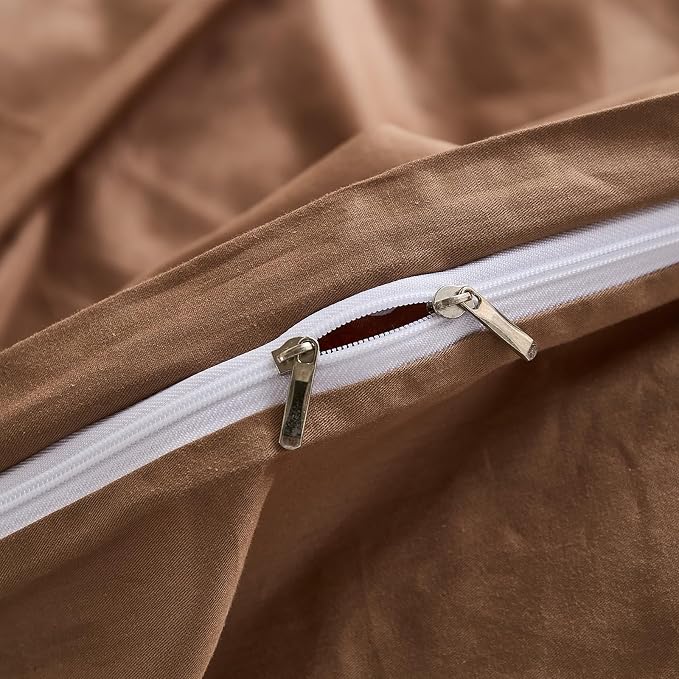 100% Washed Cotton Duvet Cover Queen Size – Brown, Linen-Like Texture, Super Soft & Breathable Bedding Set, 3-Piece Durable Percale Comforter Cover