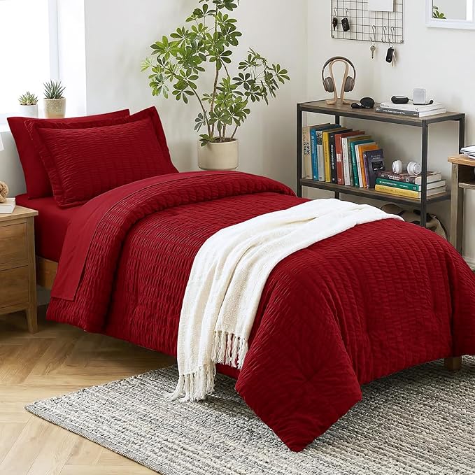 CozyLux Twin Comforter Set with Sheets 5 Pieces, Dark Red Seersucker Luxury Textured Bed in a Bag, All Season Soft Bedding Sets with Down Alternative Comforter, Sheets, Pillowcase & Sham, Home Gift