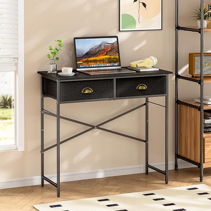 DAOUTIME Black Writing Desk for Kids Bedroom, 31.5 Inch Small Computer Desk for Small Spaces, Simple Desk with 2 Fabric Drawers for Home Office, Dorm, Living Room, Home Study Table, Black