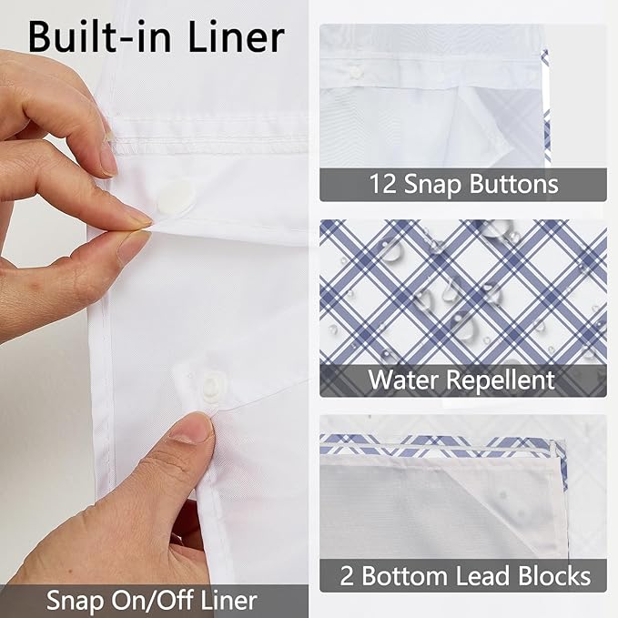 No Hook Plaid Shower Curtain with Snap in Liner - Purple & White Checkered Design, Waterproof Fabric Hotel Shower Curtains for Bathroom with See Through Mesh Top Window, 71x74 Inch