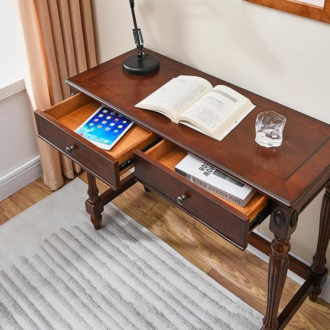 Writing Desks with Drawers, 39.4" Home Office Desk with Stable Solid Wood Pedestral Legs, Vntage/Classic Style Computer Desk for Home Office, Living Room Study or Workspace SSZ1533