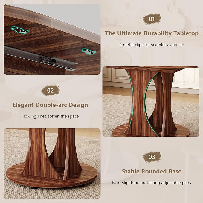 Einhomn 59" Extendable Round Dining Table for 6-8, Kitchen Table with Sturdy Double Arc Base & Backboard Clasp Desktop, Mid-Century Modern Dinner Table, Kitchen Dining Room, Space Saving, Walnut