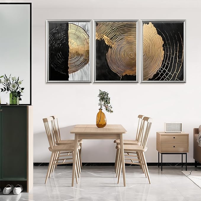 3Pcs Minimalist Abstract Black Golden Wall Art Vintage Tree Ring Wall Decor Pictures Modern Rustic Canvas Posters Prints for Living Room Office Hallway Home Decoration 16x24in Unframed