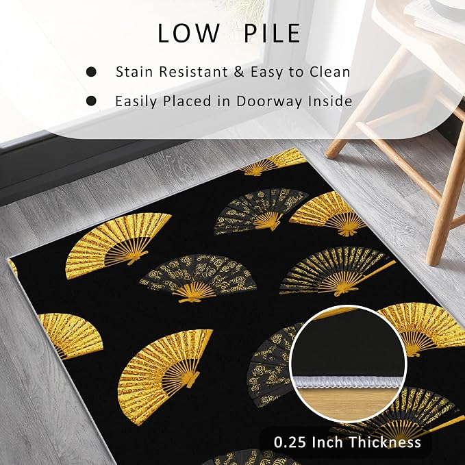 Oriental Fan Runner Rug 3x8, Black and Gold Vintage Asian Design, Japanese Style Area Rug, Washable Carpet Runner for Bedroom, Standard Hallways, Kitchen Walkway, Dining Room Sideboard