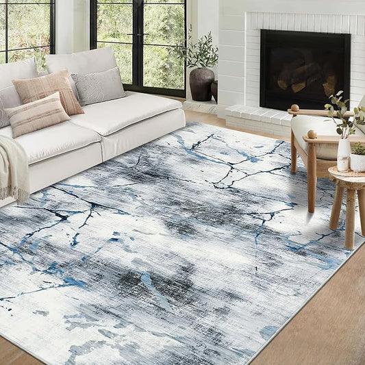 Area Rug 5x7 Washable Modern Abstract Rug for Living Room Water Ink Abstract Small Accent Carpets Low Pile Soft Bedroom Floor Covers Non Shedding Office Carpet Mat for Porch Kitchen， Blue