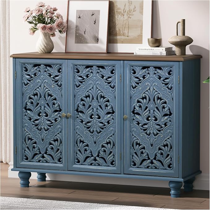 JOINICE Accent Cabinet with 3 Carved Doors, Distressed Sideboard Buffet with Storage & Solid Wood Legs, 43" Vintage Console Table for Living Room,Entryway,Coffee Bar,Hallway(Blue & Walnut)