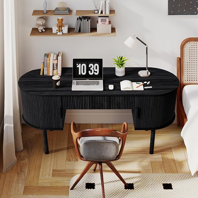 ORRD Home Office Oval Desk with Sliding Tambour Door and Drawer, Modern Fluted Wood Executive Computer Storage Desk for Study, Living Room, Bedroom, Office - Black