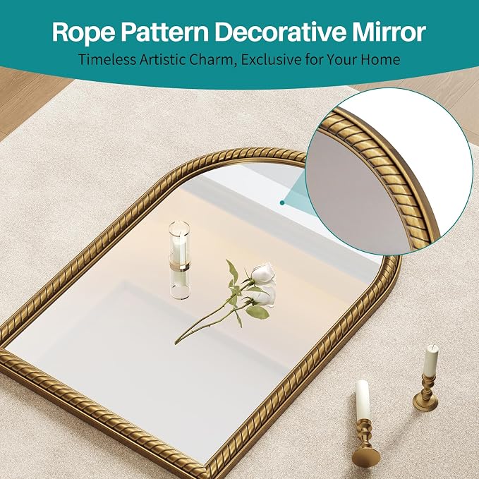 Arched Wall Decor Mirror - 24"X36" Retro Gold Large Vintage Rope-Like Metal Framed Mirror for Wall Decor, Vanity Mirrors for Bathroom, Living Room, Bedroom, Fireplace