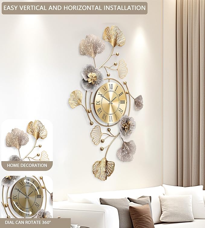 Clocks for Living Room, Large Wall Clock, 3D Silent Wall Clock, Retro Metal Ginkgo Leaf Design, for Bedroom Kitchen Decorative Wall Clocks（47''x23'' ）