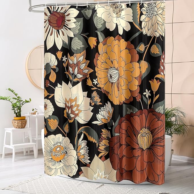 MitoVilla Boho Floral Small Stall Shower Curtain 36 x 72, Abstract Flower Narrow Half Size Chic Shower Curtains for Mid-Century Bathroom Decor, Modern Shower Curtain 36 inch