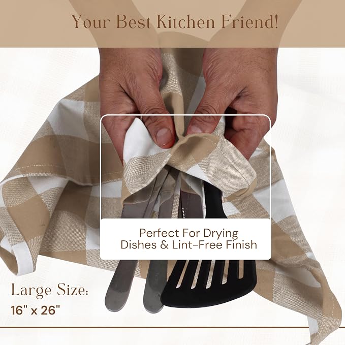 Buffalo Check 12 Pack Kitchen Towels, 16x26 Inches, Classic Farmhouse Plaid Dish Towel, 100% Cotton, Absorbent, Washable for Drying Dishes, Cleaning, Everyday Kitchen Use, Beige White