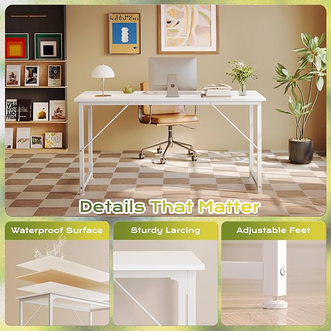 PRAISUN 55 Inch Computer Desk, Home Office Desk with Spacious Desktop, Modern Gaming Desk, Writing Study Table for Bedroom, Small Spaces, Work from Home Desk with Metal Frame, White