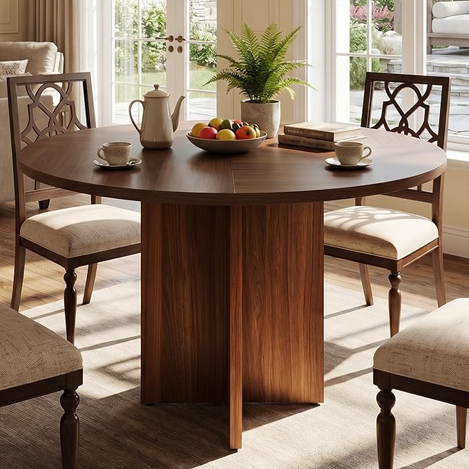 47 Inch Round Dining Table for 4-6 People, Rustic Circle Kitchen Table with X-Shaped Stable Pedestal, Dinner Table for Dining Room Kitchen Living Room, Walnut