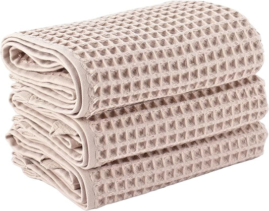 PÜSKÜL Natural 100% Turkish Cotton Waffle Kitchen Towels Set of 3 | Oeko-Tex, Premium Waffle Hand Towels for Bathroom | Soft Absorbent Quick-Dry Lint-Free Dish Towel Large 32x16 inch (3, Beige)