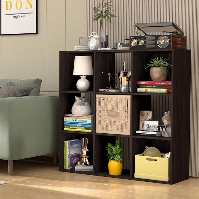 PrimeZone Stackable 9 Cube Storage Organizer: Wood Cubes Shelf Fits Cubby Bins - Square Cubicle Bookshelf Cabinet for Closet Bedroom - Open Storage Shelf for Toy Clothes Book Organization, Espresso