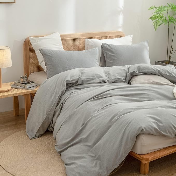BESTOUCH Duvet Cover Set 100% Washed Cotton Linen Feel Super Soft Comfortable Chic Lightweight 3 PCs Home Bedding Set Solid Light Grey Alaska King