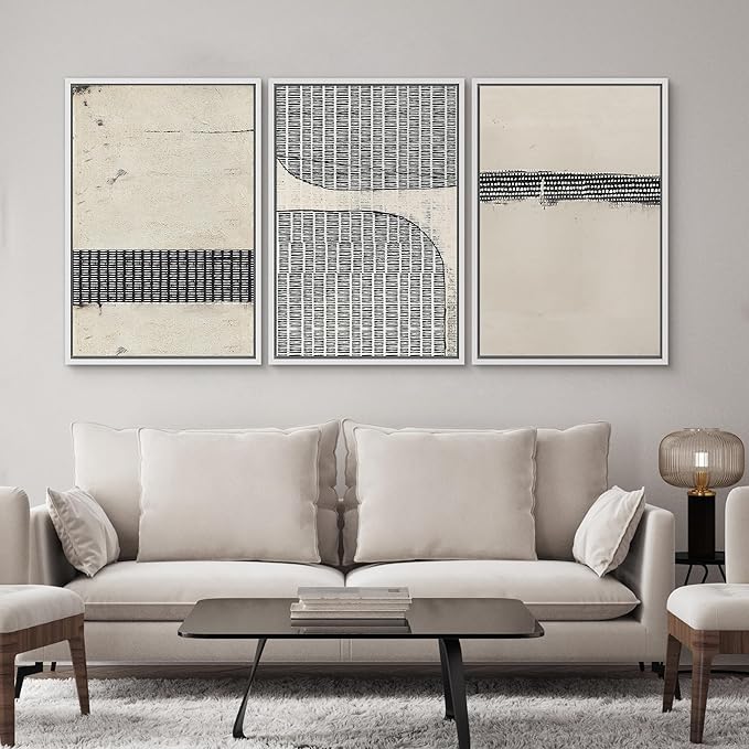 SIGNWIN Framed Canvas Print Wall Art Set Black Tan Grunge Grid Polygon Pattern Abstract Shapes Cozy Neutral Decorative Contemporary Minimal for Living Room, Bedroom, Office - 16"x24"x3 White