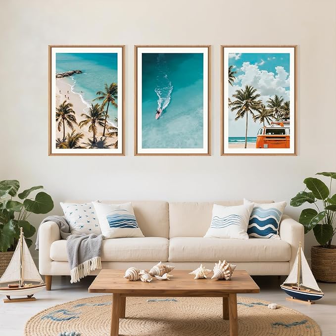LHIUEM Large Nature Surfboard Beach Framed Canvas Wall Art,Summer Ocean Surfing Wall Decor,Palm Trees Wall Painting,Modern Picture Artwork for Living Room,Bedroom,Dining Room,Office -16"x24"x3