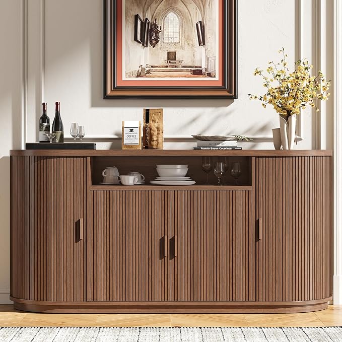 63" Sideboard Buffet Cabinet with Storage, Modern Fluted Accent Credenza with Sliding Doors, Drawers and Adjustable Shelves, Wood Coffee Bar Console Table for Kitchen, Living Room, Enrtyway (Walnut)
