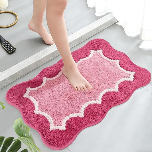 Cute Scalloped Rose Pink Small Bathroom Rugs Mat,Non Slip Absorbent Quick Dry Bath Mats for Shower Room,Microfiber Bath Rug for Floor Washable Carpet for Shower Tub Sink Bedroom,16"x24"