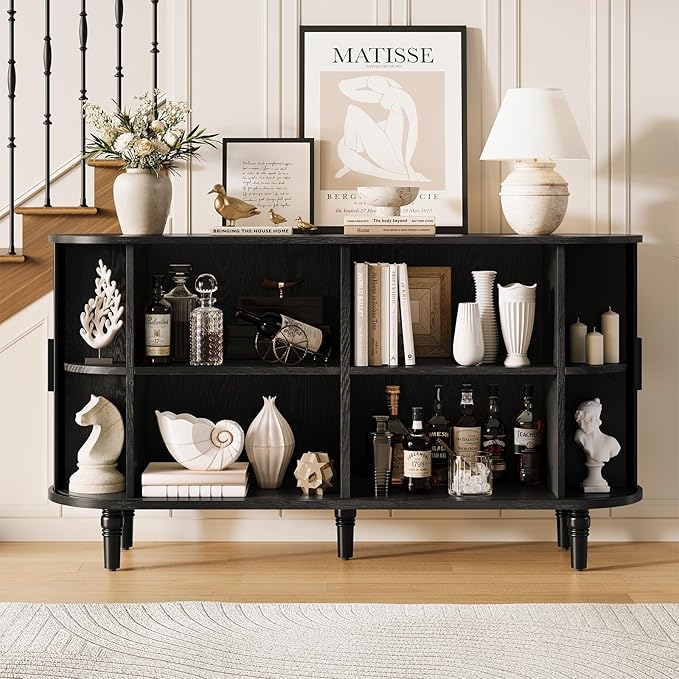 Sideboard Buffet Cabinet with Storage - Accent Kitchen Credenza Console Table with Sliding Door & Adjustable Shelf, Fluted Coffee Bar Sideboards for Living Room, Dining Room, Entryway, Black